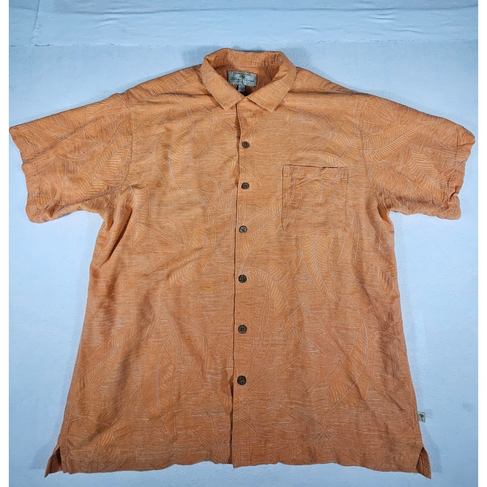 Island Shores Men XL Washable Silk Palm Leaf Jacquard Camp Shirt Orange Tropical